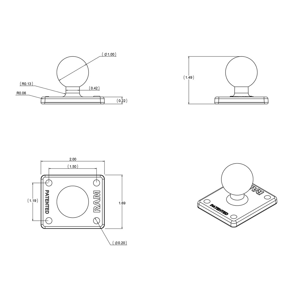 RAM Mount Square 2 x 17 Base w1 Ball RAMB347U