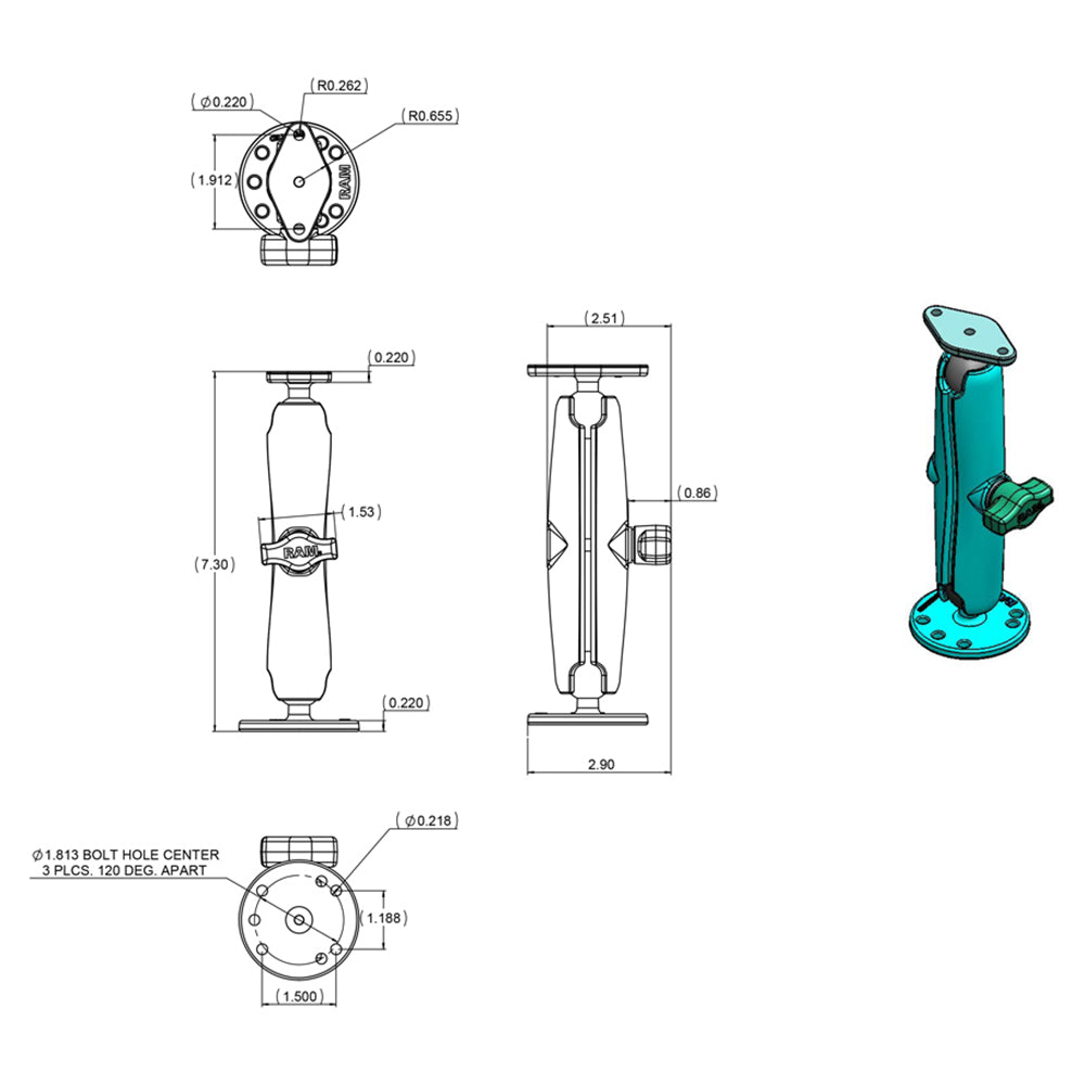 RAM Mount Flat Surface Mount Long Arm wDiamond Base RAMB138UC