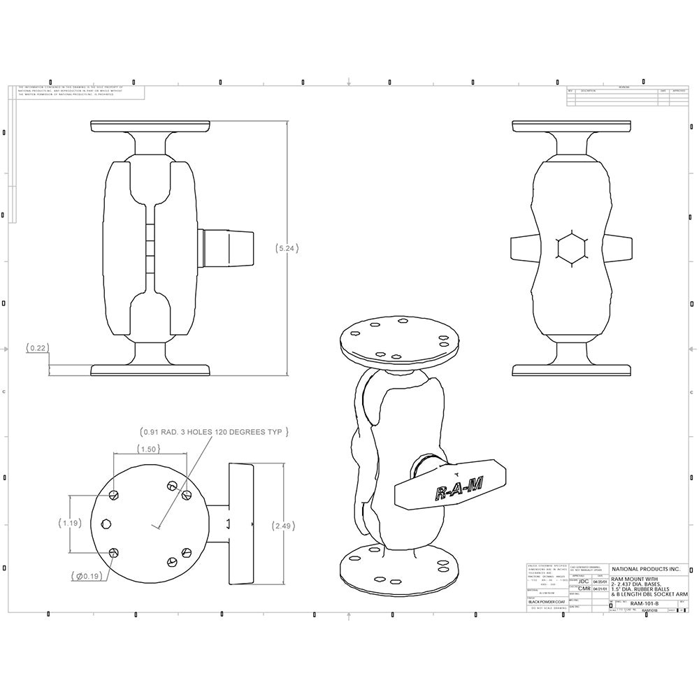 RAM Mount 15 Ball Mount wShort Double Socket Arm 225 Round Bases RAM101UB