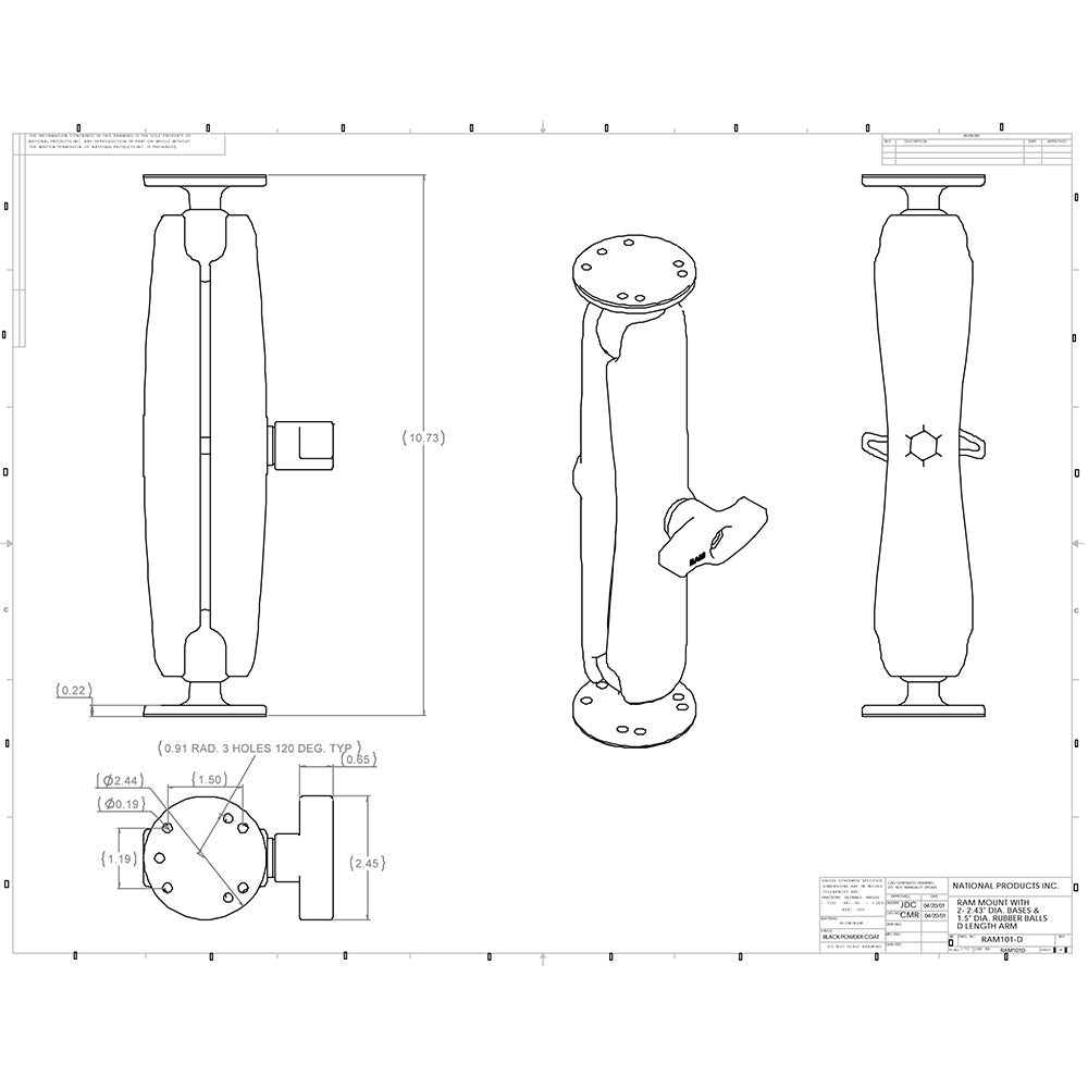 RAM Mount Ball Mount wLong Double Socket Arm 225 Round Bases wAMPs Pattern RAM101UD