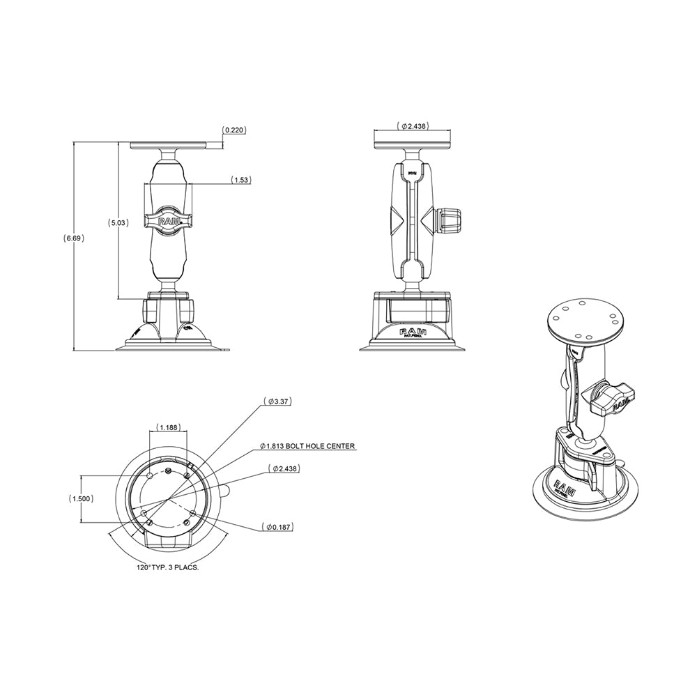 RAM Mount Twist Lock Suction Cup wRound Base Adapter RAMB166202U